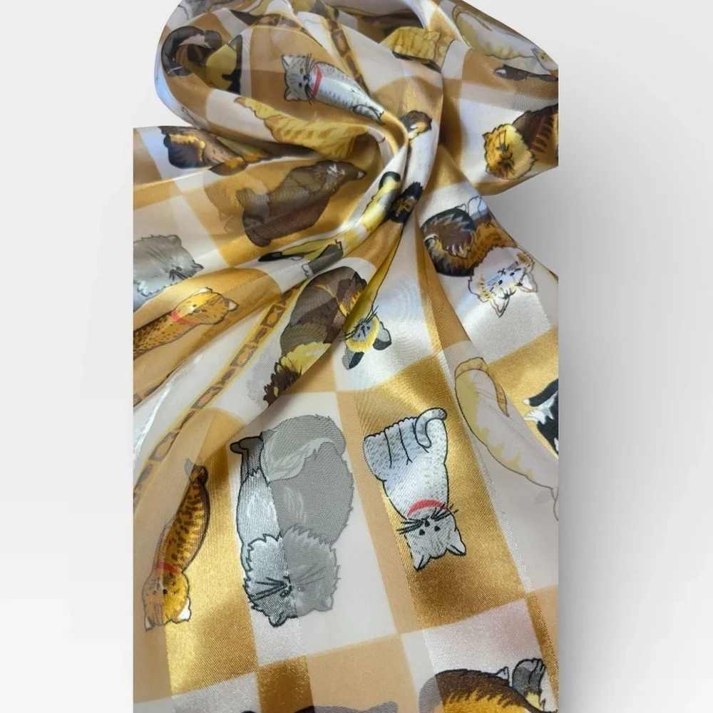 Vintage Yellow Gold White Cat Silk Scarf 13x60